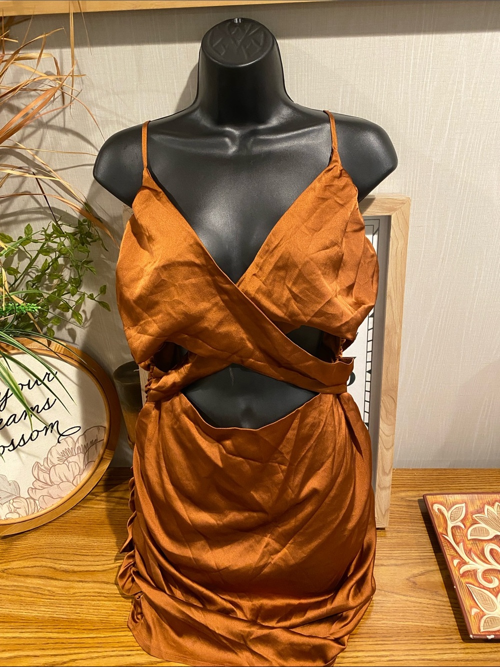 Rust Satin Strappy Cutout Slip Dress - Women Intimates & Sleepwear